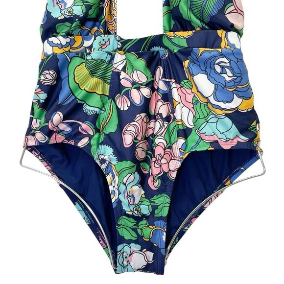 NEW ModCloth The Bethany One-Piece Swimsuit Size Large Navy Floral Plunge Halter - Picture 8 of 14
